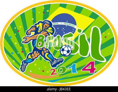 Illustration of a Brazil football player kicking soccer ball with Brazilian flag in background with words Brasil 2014 done in retro style. Stock Photo