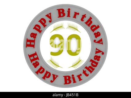 red lettering Happy Birthday in a gray circle around a big yellow number as the age Stock Photo