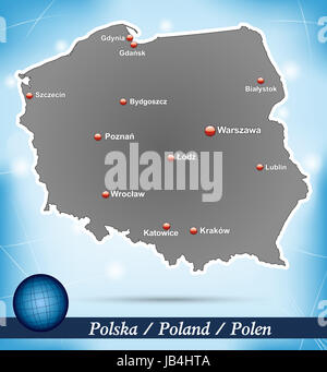Polen in Europa als Inselkarte mit abstraktem Hintergrund  in Blau. Durch die ansprechende Gestaltung fügt sich die Karte perfekt in Ihr Vorhaben ein. Stock Photo