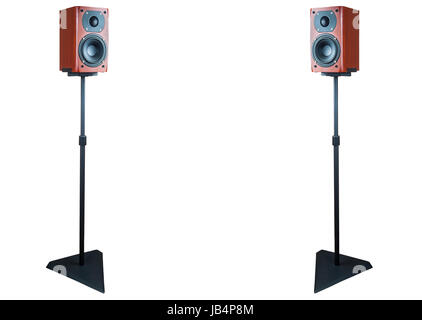 Pair of dark cherry loudspeakers on stands isolated on white background with clipping path Stock Photo