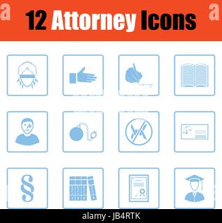 Set of attorney icons. Blue frame design. Vector illustration. Stock Vector