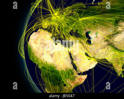 Europe, Middle East and Africa viewed from space with connections representing main air traffic routes. Elements of this image furnished by NASA. Stock Photo