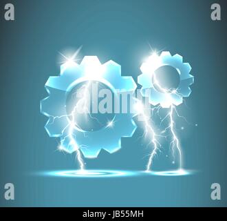 glass gear icon with realistic lightnings Stock Vector