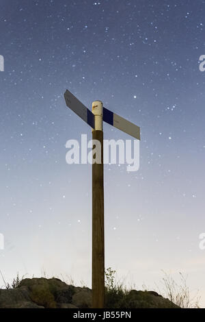 Coastal path finger signpost on a footpath above in the mountains under a sky filled with stars at night Stock Photo