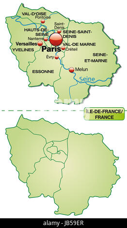 Karte der Region Île-de-France mit Departements Stock Photo