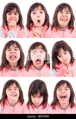 Funny young girl making several different faces isolated in white Stock Photo