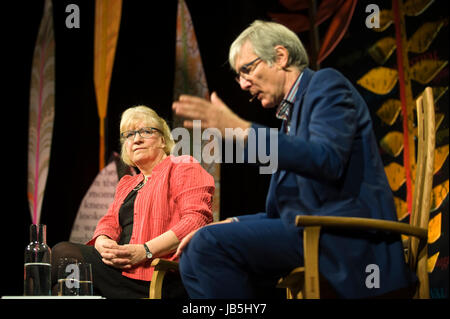 Polly Toynbee & David Walker journalists speaking on stage at Hay Festival of Literature and the Arts 2017 Hay-on-Wye Powys Wales UK Stock Photo