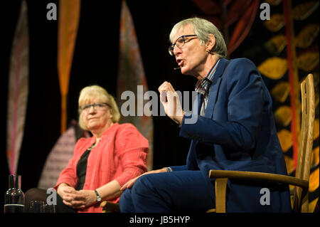 Polly Toynbee & David Walker journalists speaking on stage at Hay Festival of Literature and the Arts 2017 Hay-on-Wye Powys Wales UK Stock Photo