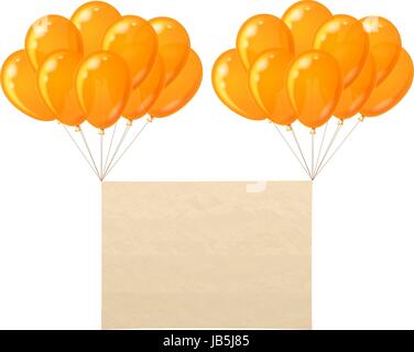 Two bunches of colorful orange balloons flying with sheet of paper for holiday design. Eps10, contains transparencies. Vector Stock Vector