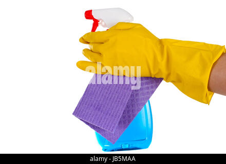 Close up picture of a house-cleaning spray and a purple wiper on an isolated background Stock Photo