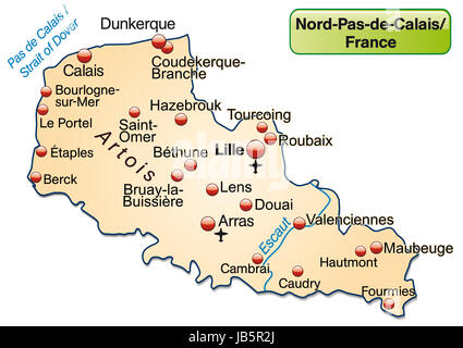 Nord-Pas-de-Calais in Frankreich als Inselkarte  mit allen wichtigen topografischen Informationen in Pastellorange. Die Karte kann sofort für Ihr Vorhaben eingesetzt werden. Stock Photo