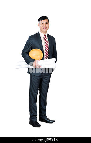 1 Indian Man Architect Engineer Real Estate Project Holding Map Standing On White Background Stock Photo
