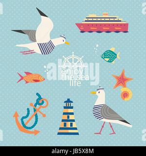 Set of cute cartoon seaside symbols in retro cartoon style. Stock Vector
