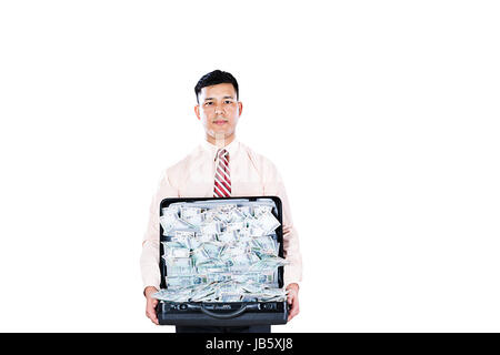 1 Businessman Holding Briefcase Showing Indian Rupees Currency Abundance Cash Lottery Money Promotion Stock Photo