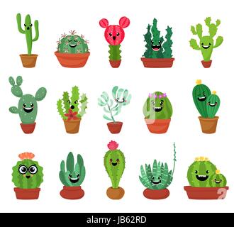 Big set of cute cartoon cactus and succulents with funny faces. Cute stickers or patches or pins collection. plants are friends set.Funny and cute cartoon desert cactus in pots vector set Stock Vector