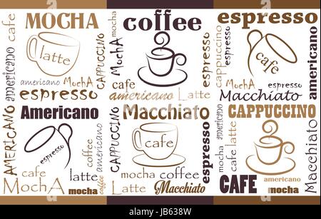 Coffee Background Different Blends and Types. Seamless coffee pattern.Templates with coffee for flyers, banners, invitations, restaurant or cafe menu  Stock Vector