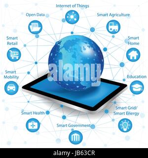Internet networking concept and Cloud computing technology. Laptop with Smart city in background  with different icon and elements.Internet of things/ Stock Vector