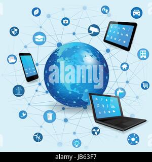 Internet of Things concept with different icon and elements. Digital Network Connection Modern communication technology. Laptop, Tablet Pc and Smart P Stock Vector