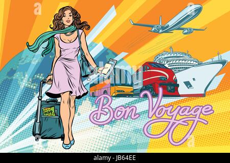 Beautiful woman passenger tourist bus train cruise ship and plane. Pop art retro vector illustration