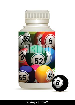 3D Illustration of Pills Plastic Bottle with Bingo Lottery Balls Label and One Black Bingo Ball on the Side Stock Vector