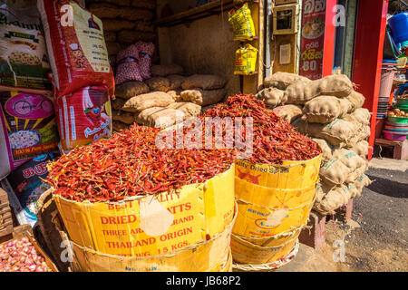 Red peppers on sale at a street market in Galle, Sri Lanka Stock Photo