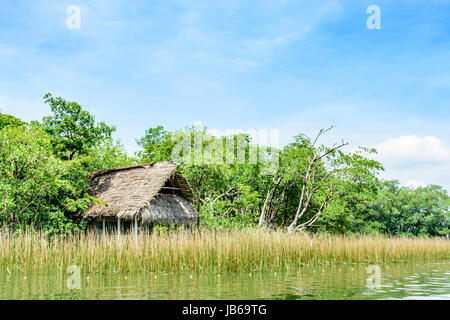 Rio Dulce, Guatemala - September 1, 2016: Wooden house on stilts with palm leaf roof on riverbank of the Rio Dulce in Guatemala, Central America Stock Photo