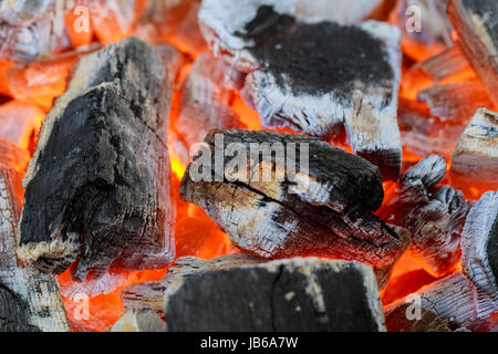 Dark pieces of wood burning in orange-yellow flame in the fire full of  ashes Stock Photo - Alamy