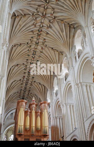 NORWICH, UK - JUNE 5, 2017: The vaulted Nave roof  of The Cathedral and the Organ Stock Photo
