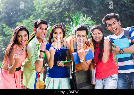 Group Indian College Students Fist Victory Success Shouting In Park Stock Photo
