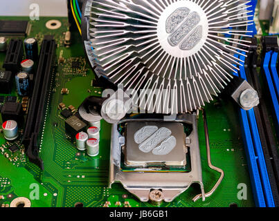 The cooling fan and CPU thermal paste applied before mounting the motherboard Stock Photo