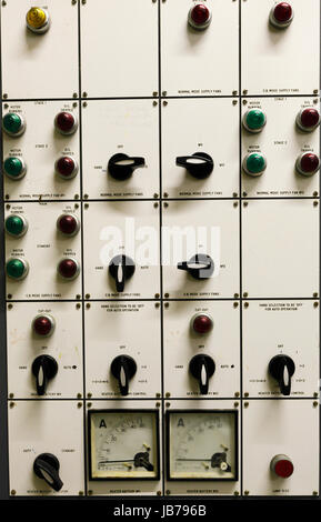 Switches on a control panel at RAF Neatishead underground bunker. Stock Photo