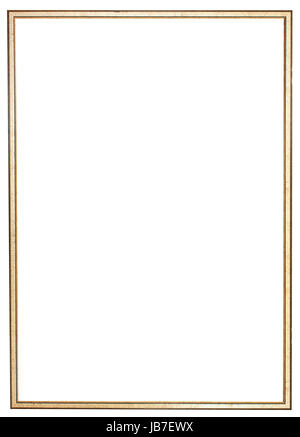 narrow golden wooden picture frame with cut out canvas isolated on white background Stock Photo