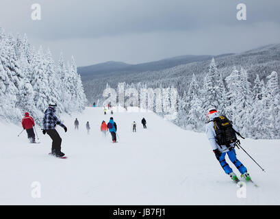 Mont-Tremblant , Quebec, Canada - February 9, 2014: Skiers are sliding down an easy slope at Mont-Tremblant Ski Resort. It is acknowledged by most industry experts as being the best ski resort in Eastern North America. Stock Photo