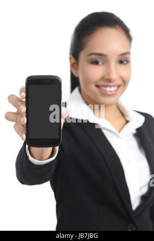 Arab business woman showing a blank smartphone screen application isolated on a white background Stock Photo