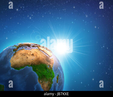 Earth in deep space, focused on African continent, sunrise shining on the horizon. Elements of this image furnished by NASA - 3D illustration. Stock Photo