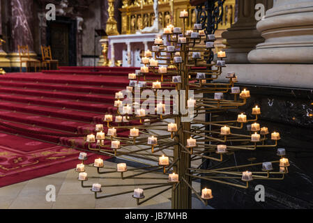 Berlin, Germany - April 13, 2017: Candles in the altar of the Berlin Cathedral (Berliner Dom) of Neobaroque style in Berlin, Germany. Stock Photo