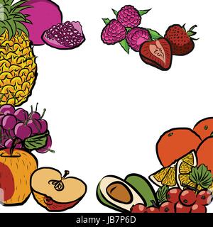 Fresh Summer Fruits in Circle Colored Artwork separated on White, Fresh Food Collection, Handdrawn Clean Summer Sketch Stock Vector