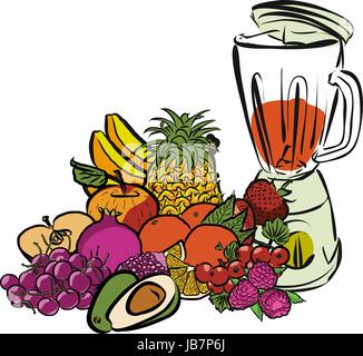Fresh Summer Fruits and Mixer Colored Artwork separated on White, Fresh Food Collection, Handdrawn Clean Summer Sketch Stock Vector