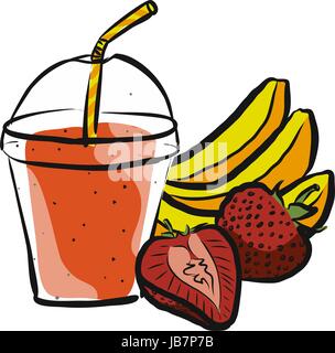 Banana Strawberry Smoothie, Colored Artwork separated on White, Fresh Food Collection, Handdrawn Clean Summer Sketch Stock Vector