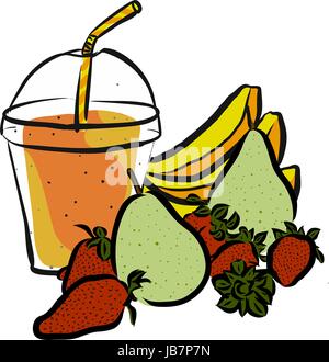 Pear Strawberrie Banana Smoothie, Colored Artwork separated on White, Fresh Food Collection, Handdrawn Clean Summer Sketch Stock Vector