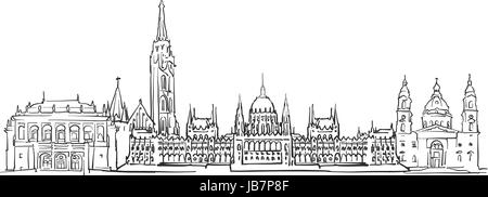 Budapest Hungary Panorama Sketch, Monochrome Urban Cityscape Vector Artprint Stock Vector