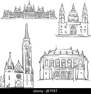 Budapest Hungary Famous Buildings, Monochrome Outlined Travel Landmarks, Scalable Vector Illustration Stock Vector