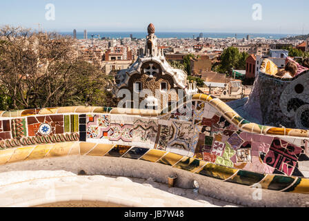 Barcelona Park Guell of Gaudi tiles mosaic serpentine bench modernism Stock Photo