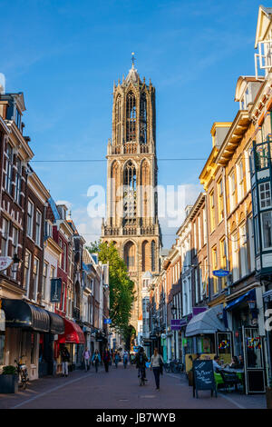 Dom Tower of the St. Martins Cathedral viewed from the Zadelstraat (Saddle Street). Utrecht, The Netherlands. Stock Photo