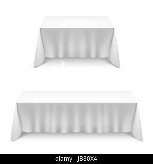 Two  tables with white tablecloth isolated on white background Stock Photo