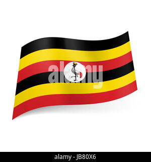 National flag of Uganda: alternation of black, yellow and red horizontal stripes with crane bird in centre Stock Photo