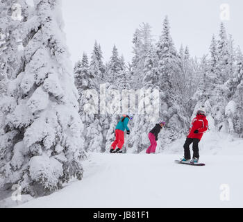 Mont-Tremblant, Canada - February 9, 2014: Snowboarders are sliding down an easy slope at Mont-Tremblant. Mont-Tremblant Ski Resort is acknowledged, by most industry experts, as being the best ski resort in Eastern North America. Stock Photo