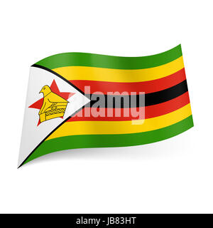 National flag of Zimbabwe: narrow green, yellow, red and black horizontal stripes, white triangle with yellow bird and red star on left side Stock Photo