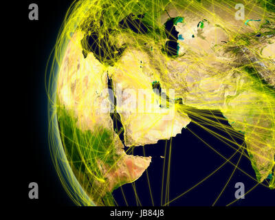 Middle East viewed from space with connections representing main air traffic routes. Elements of this image furnished by NASA. Stock Photo