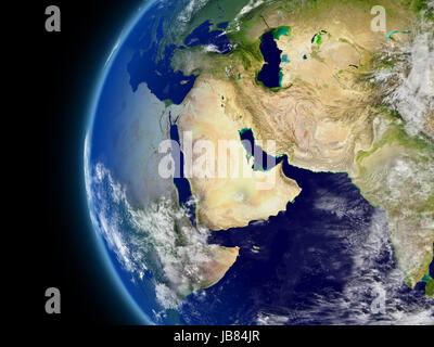 Middle East viewed from space with atmosphere and clouds. Elements of this image furnished by NASA. Stock Photo